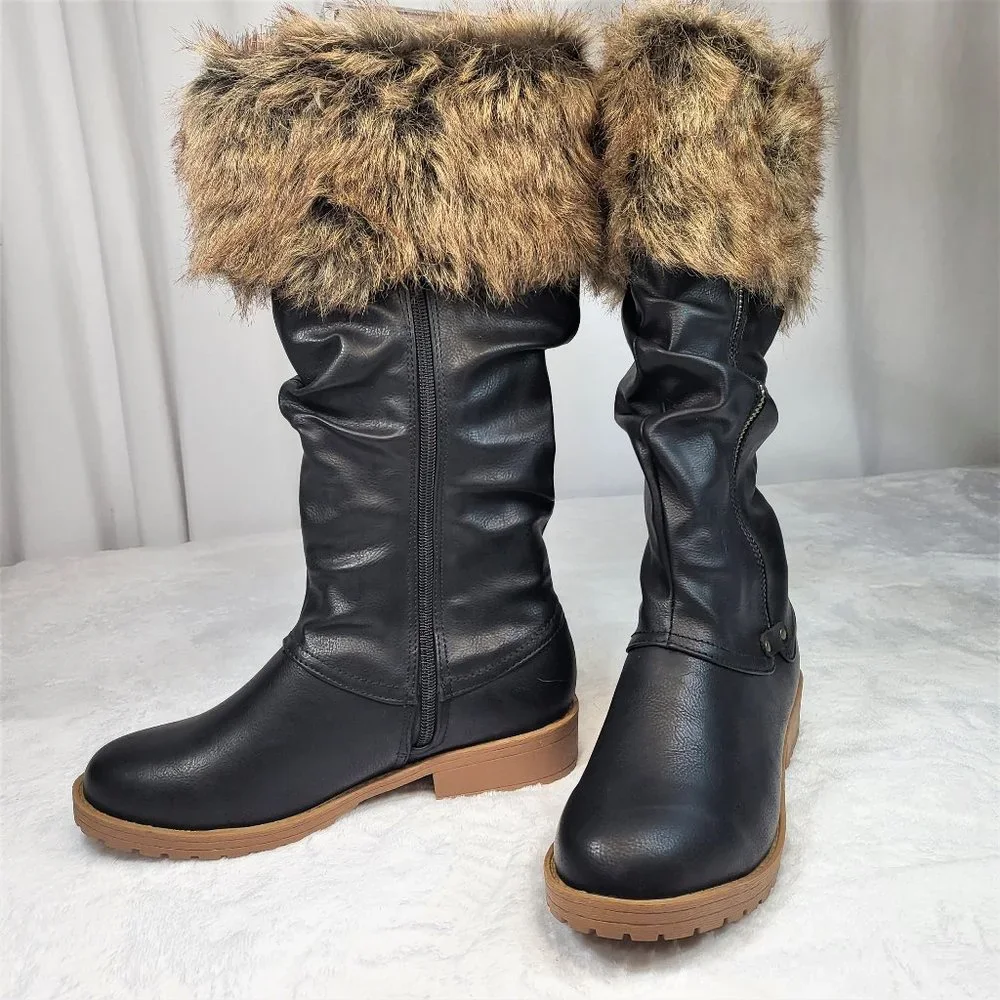 * Furry Black Matte Faux Fur Fold Over Cuff Winter Mid Calf Boots